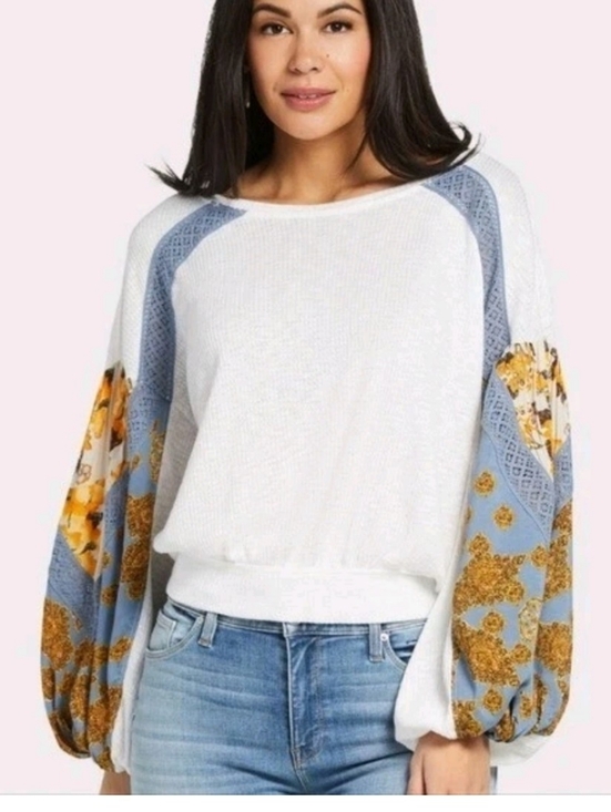 Free People Tops - Free People White Waffle Pullover with Blue & Gold Patterned Balloon Sleeves